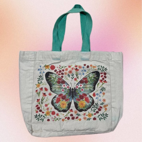 Unbranded Handbags - Butterfly Flower Floral Colorful Print Canvas Single Compartment Tote Bag